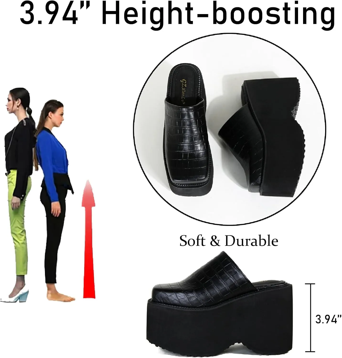 Women's Leather Print Platform High Heel Mules Fashion Closed Square Toe Slip On Wear-Resistant Chunky Increase Height Clogs for Outdoor Office Dress Slippers