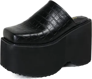 Women's Leather Print Platform High Heel Mules Fashion Closed Square Toe Slip On Wear-Resistant Chunky Increase Height Clogs for Outdoor Office Dress Slippers