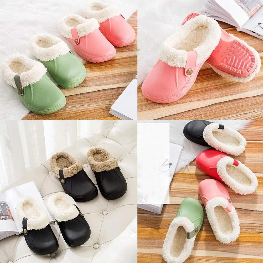 Womens Mens Clogs Fur Lined Clogs Winter Garden Clogs Mules Warm House Slippers Waterproof Anti-Slip Indoor Outdoor Slippers Size 4-11.5 US