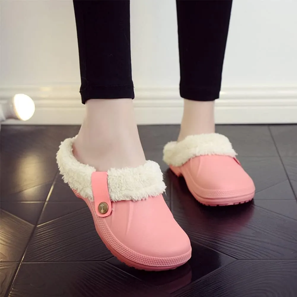 Womens Mens Clogs Fur Lined Clogs Winter Garden Clogs Mules Warm House Slippers Waterproof Anti-Slip Indoor Outdoor Slippers Size 4-11.5 US