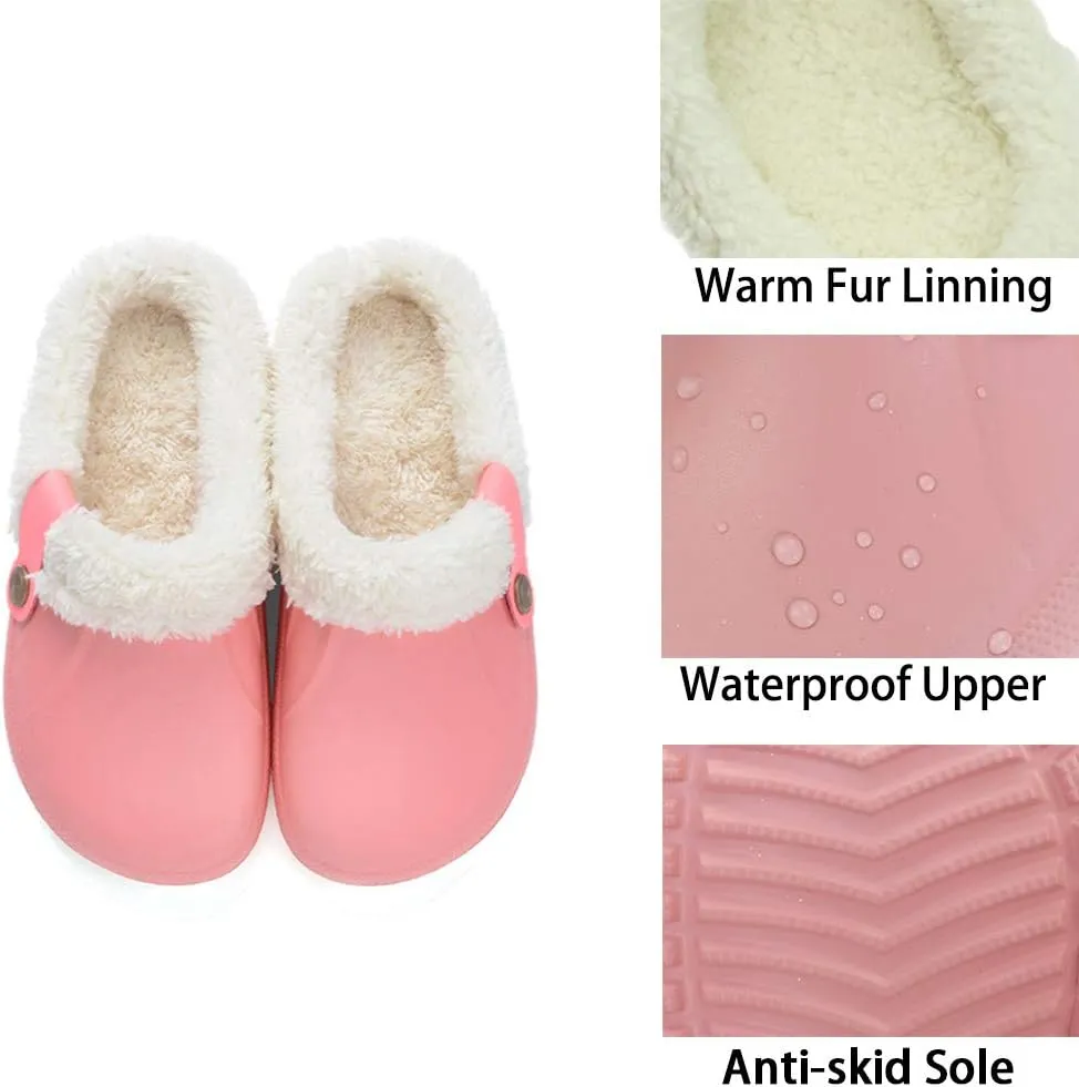 Womens Mens Clogs Fur Lined Clogs Winter Garden Clogs Mules Warm House Slippers Waterproof Anti-Slip Indoor Outdoor Slippers Size 4-11.5 US
