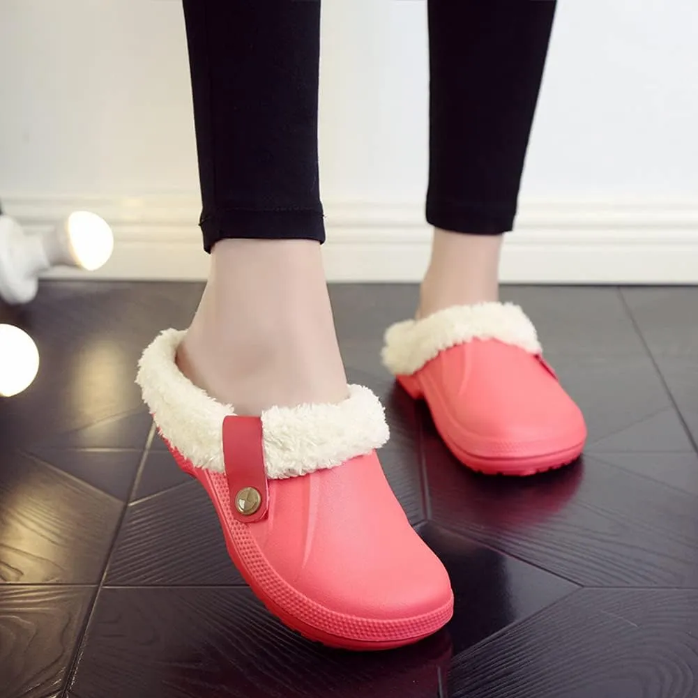Womens Mens Clogs Fur Lined Clogs Winter Garden Clogs Mules Warm House Slippers Waterproof Anti-Slip Indoor Outdoor Slippers Size 4-11.5 US