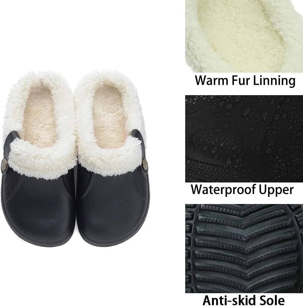 Womens Mens Clogs Fur Lined Clogs Winter Garden Clogs Mules Warm House Slippers Waterproof Anti-Slip Indoor Outdoor Slippers Size 4-11.5 US
