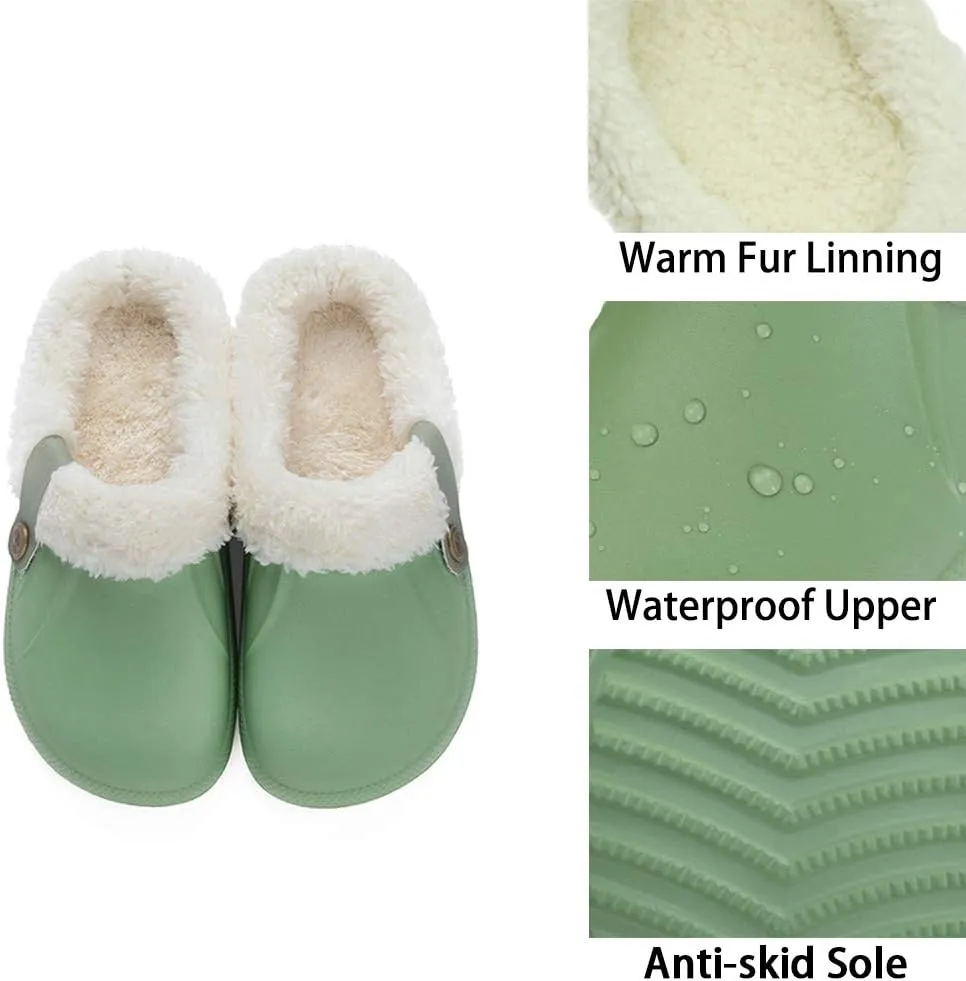 Womens Mens Clogs Fur Lined Clogs Winter Garden Clogs Mules Warm House Slippers Waterproof Anti-Slip Indoor Outdoor Slippers Size 4-11.5 US