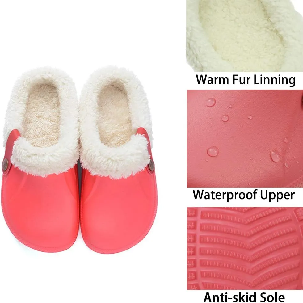 Womens Mens Clogs Fur Lined Clogs Winter Garden Clogs Mules Warm House Slippers Waterproof Anti-Slip Indoor Outdoor Slippers Size 4-11.5 US