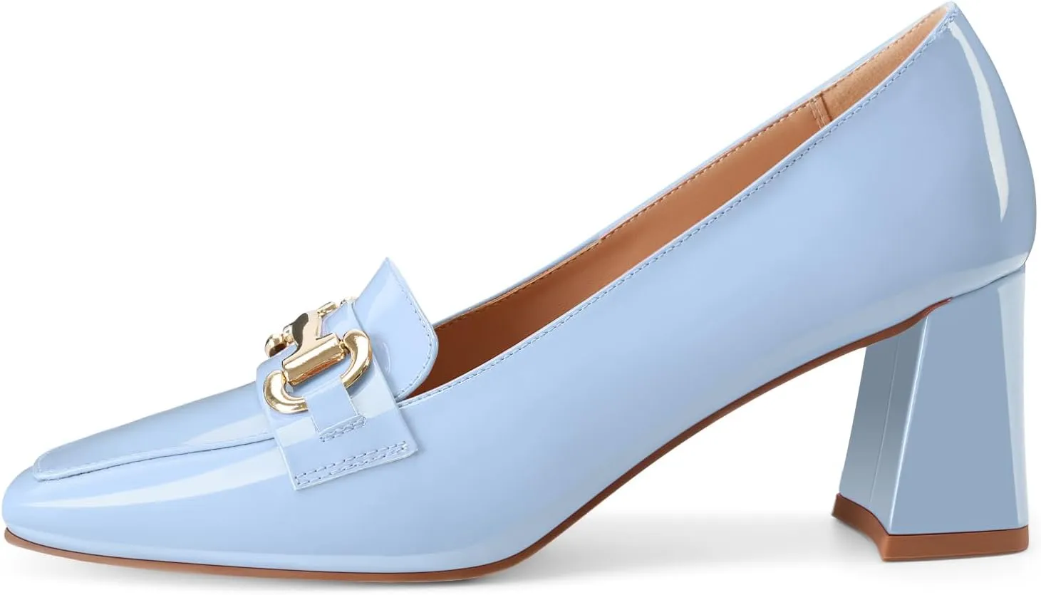 Womens Mid Block Chunky Heeled Loafers Closed Square Toe Patent Leather Comfortable Slip On Pumps Metal Chain Basic Classic Casual Work Office Dress Shoes 2.8 Inches Heels