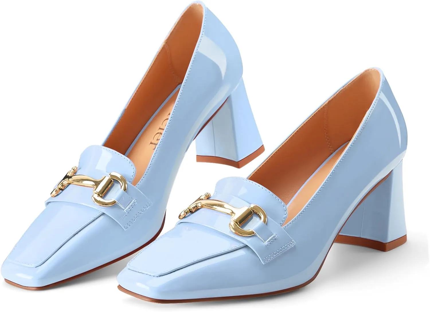 Womens Mid Block Chunky Heeled Loafers Closed Square Toe Patent Leather Comfortable Slip On Pumps Metal Chain Basic Classic Casual Work Office Dress Shoes 2.8 Inches Heels