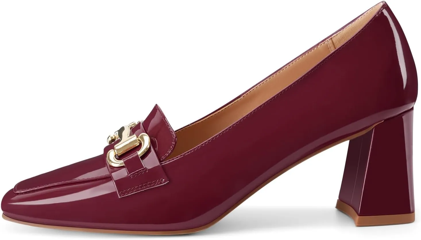 Womens Mid Block Chunky Heeled Loafers Closed Square Toe Patent Leather Comfortable Slip On Pumps Metal Chain Basic Classic Casual Work Office Dress Shoes 2.8 Inches Heels