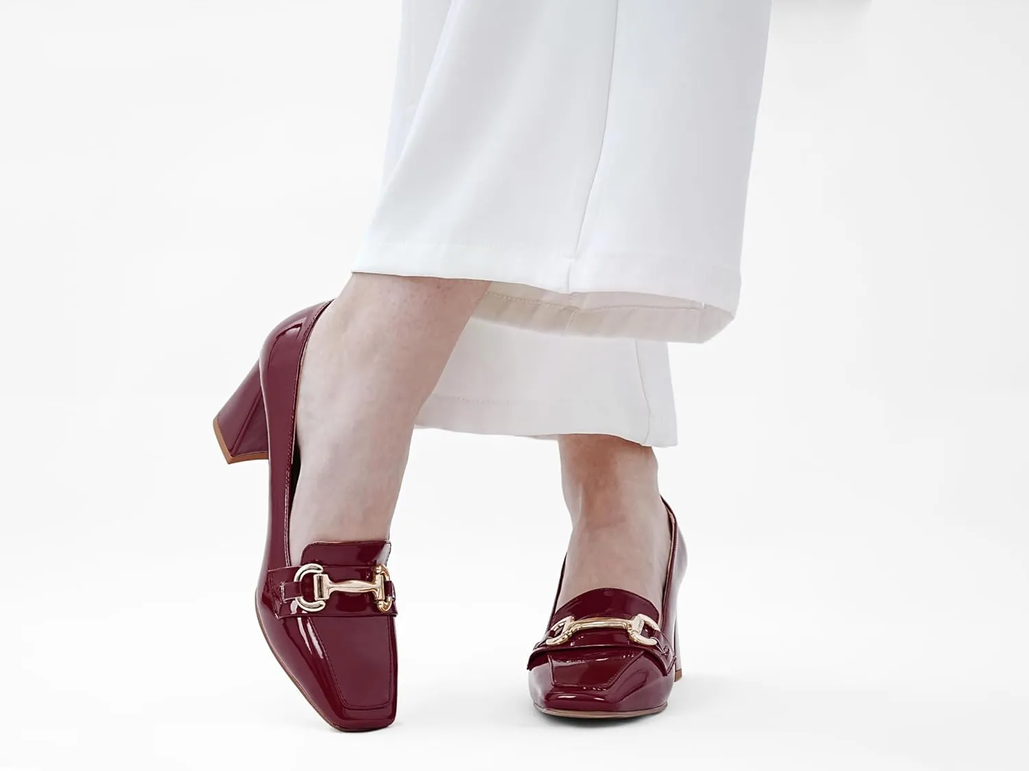 Womens Mid Block Chunky Heeled Loafers Closed Square Toe Patent Leather Comfortable Slip On Pumps Metal Chain Basic Classic Casual Work Office Dress Shoes 2.8 Inches Heels