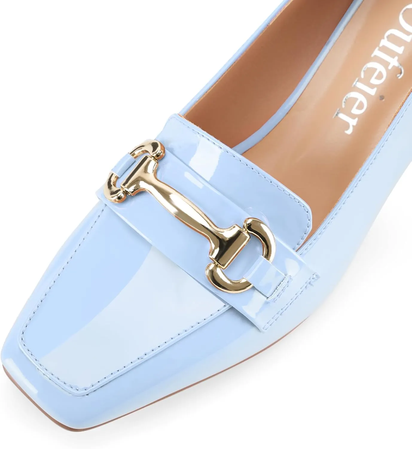 Womens Mid Block Chunky Heeled Loafers Closed Square Toe Patent Leather Comfortable Slip On Pumps Metal Chain Basic Classic Casual Work Office Dress Shoes 2.8 Inches Heels