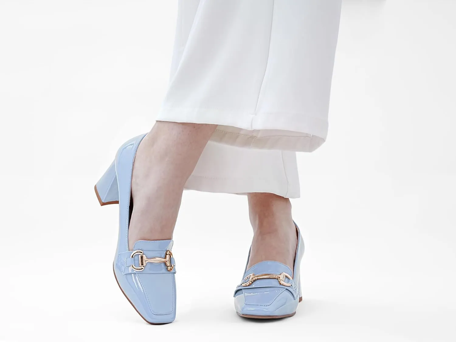 Womens Mid Block Chunky Heeled Loafers Closed Square Toe Patent Leather Comfortable Slip On Pumps Metal Chain Basic Classic Casual Work Office Dress Shoes 2.8 Inches Heels