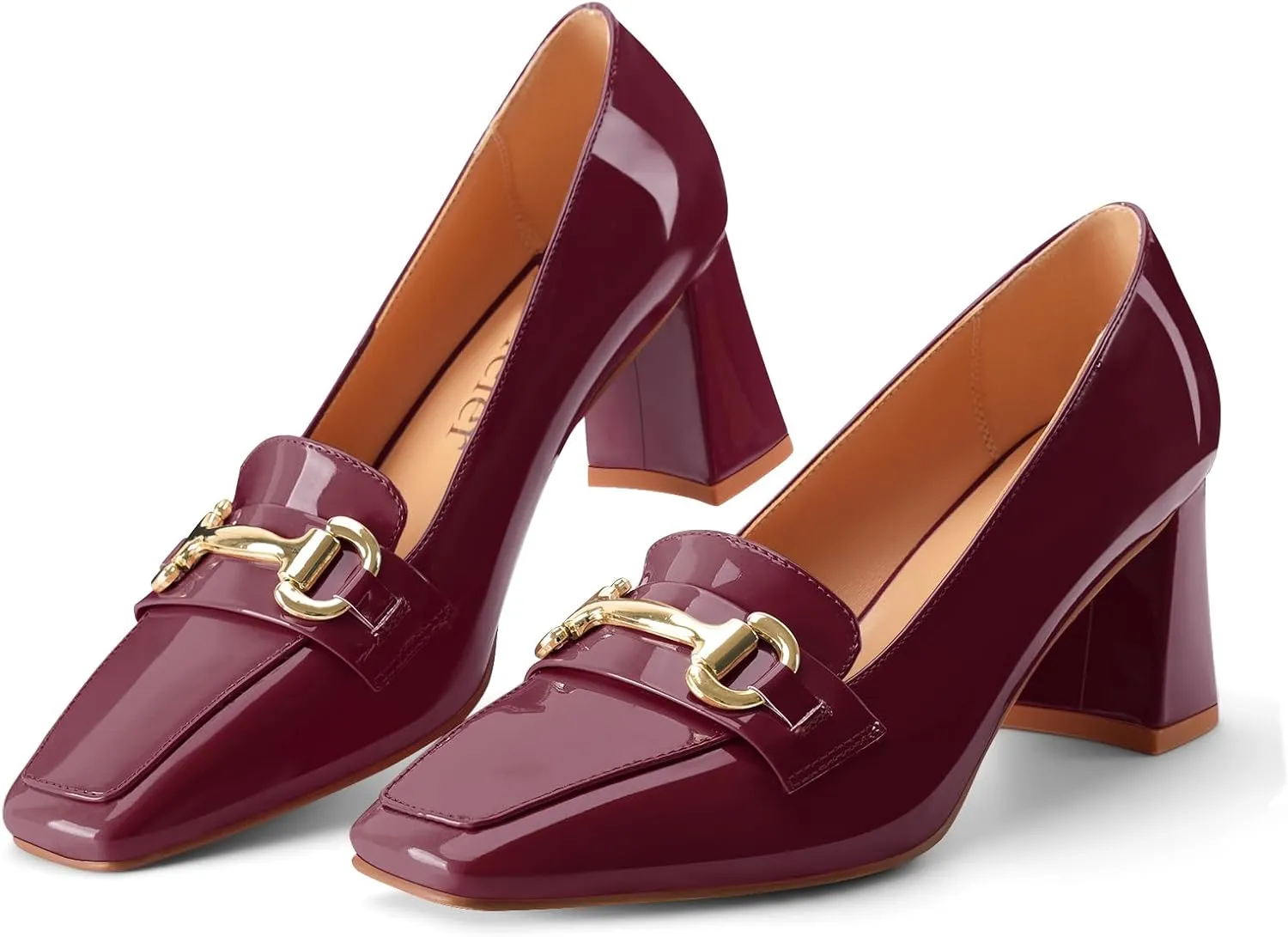 Womens Mid Block Chunky Heeled Loafers Closed Square Toe Patent Leather Comfortable Slip On Pumps Metal Chain Basic Classic Casual Work Office Dress Shoes 2.8 Inches Heels