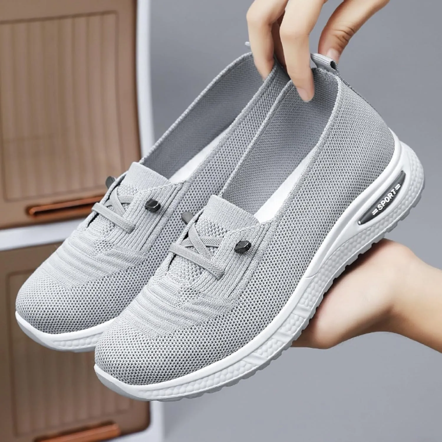 Womens Orthopedic Sneakers Lightweight Breathable Mesh Knitted Woven Low Top Walking Shoes Summer Comfortable Wide Width Soft Sole Slip On Sneakers with Arch Support