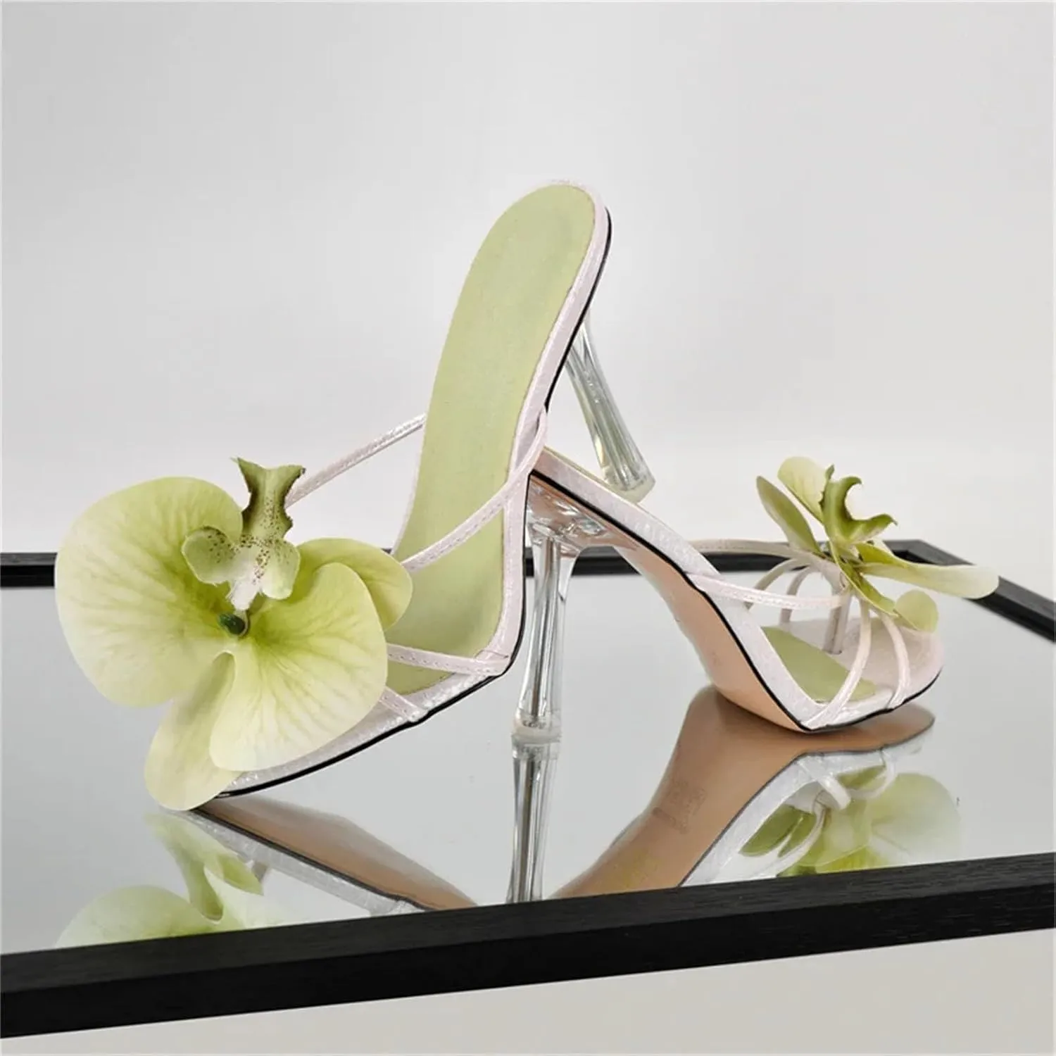 Women's Pink Square Toe Flower Mules - Slip On 10cm Thin Heel Summer Sandals