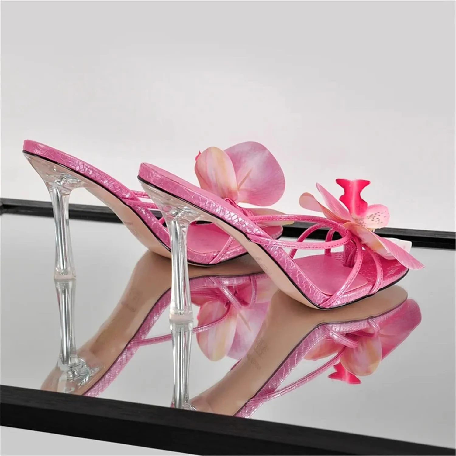 Women's Pink Square Toe Flower Mules - Slip On 10cm Thin Heel Summer Sandals