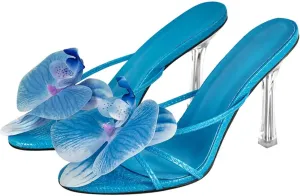 Women's Pink Square Toe Flower Mules - Slip On 10cm Thin Heel Summer Sandals