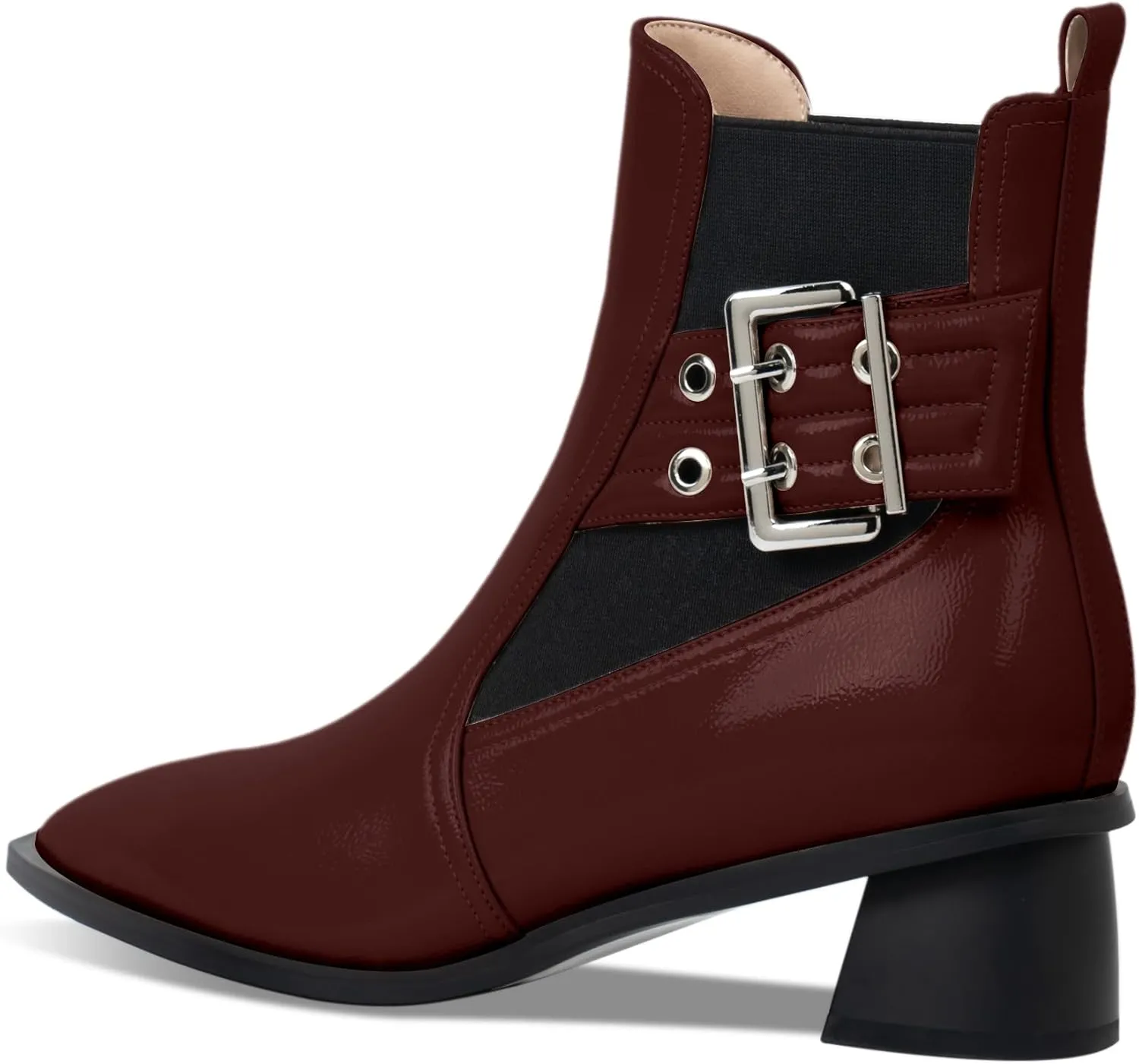 Women's Pointed Toe Chunky Block Heel Ankle Boots Buckle Strap Elastic Band Chelsea Booties