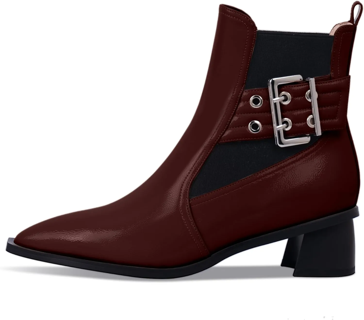 Women's Pointed Toe Chunky Block Heel Ankle Boots Buckle Strap Elastic Band Chelsea Booties