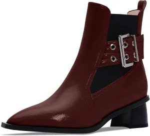 Women's Pointed Toe Chunky Block Heel Ankle Boots Buckle Strap Elastic Band Chelsea Booties