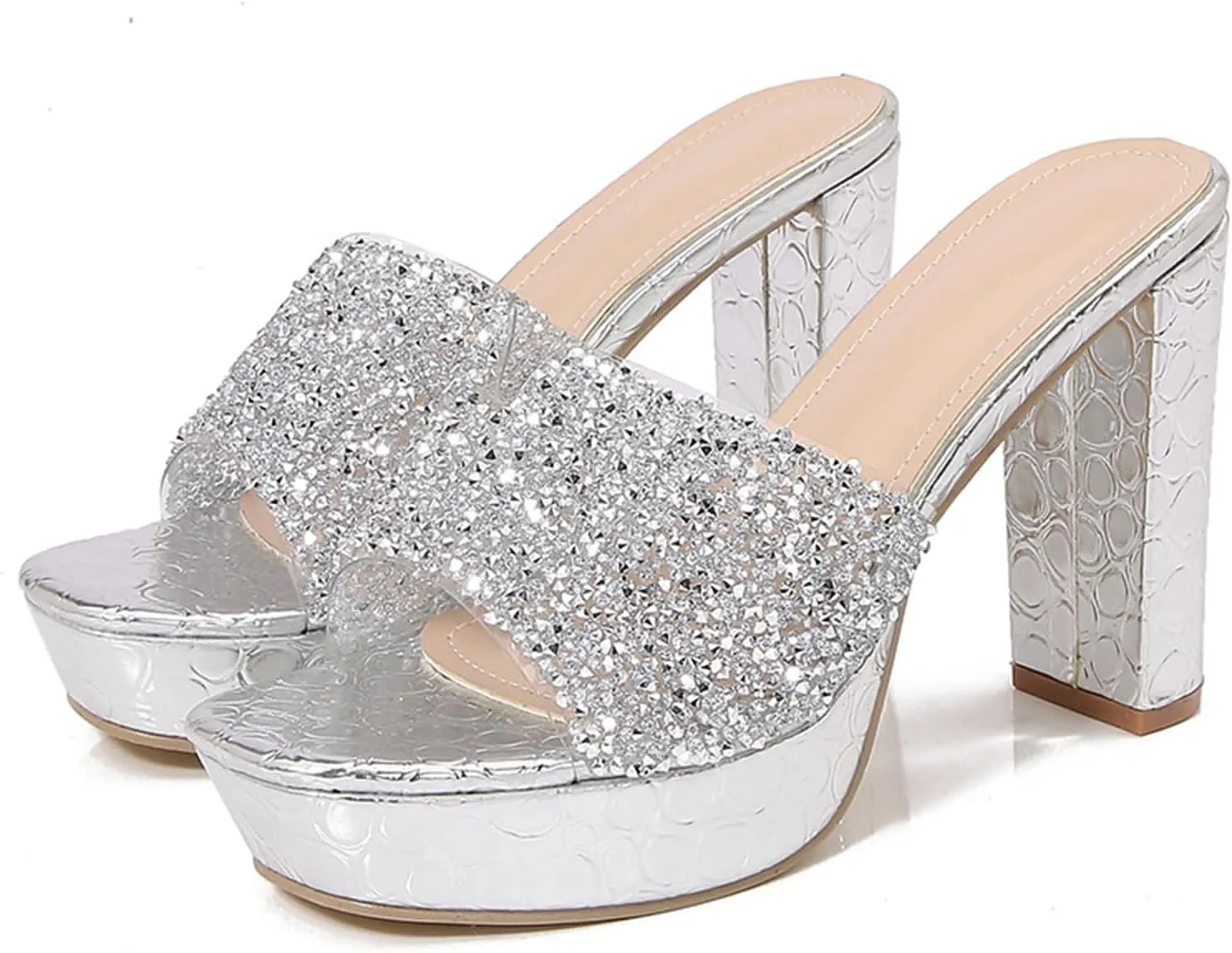 Women's Rhinestone Sexy Platform Chunky Heel Mules Fashionable Square Head Open Toe Slip On Wedding High Heel Sandals Suitable for Party Dance High Heel Sandals