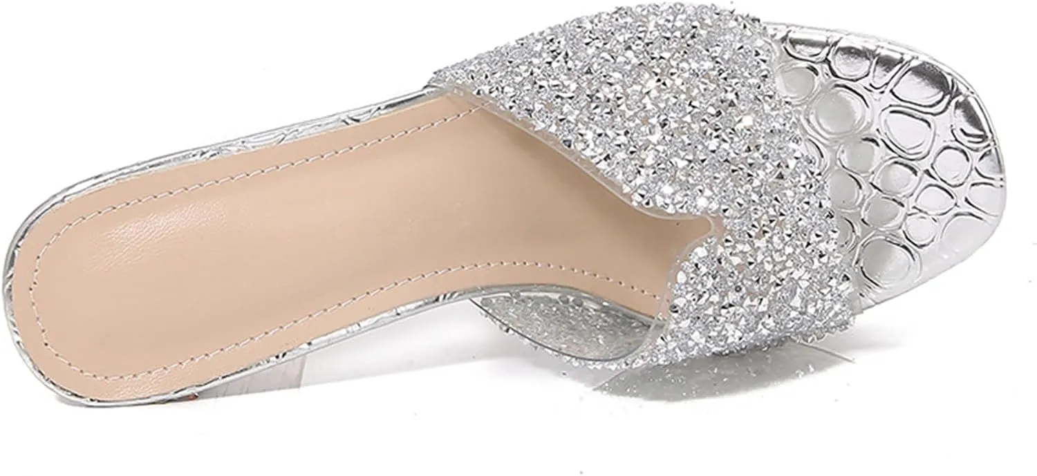 Women's Rhinestone Sexy Platform Chunky Heel Mules Fashionable Square Head Open Toe Slip On Wedding High Heel Sandals Suitable for Party Dance High Heel Sandals