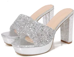 Women's Rhinestone Sexy Platform Chunky Heel Mules Fashionable Square Head Open Toe Slip On Wedding High Heel Sandals Suitable for Party Dance High Heel Sandals