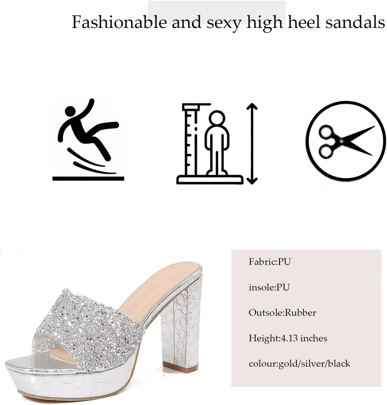 Women's Rhinestone Sexy Platform Chunky Heel Mules Fashionable Square Head Open Toe Slip On Wedding High Heel Sandals Suitable for Party Dance High Heel Sandals