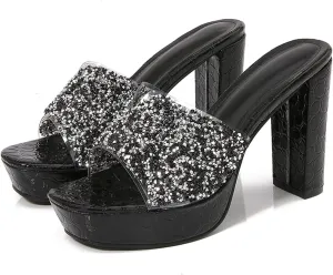 Women's Rhinestone Sexy Platform Chunky Heel Mules Fashionable Square Head Open Toe Slip On Wedding High Heel Sandals Suitable for Party Dance High Heel Sandals
