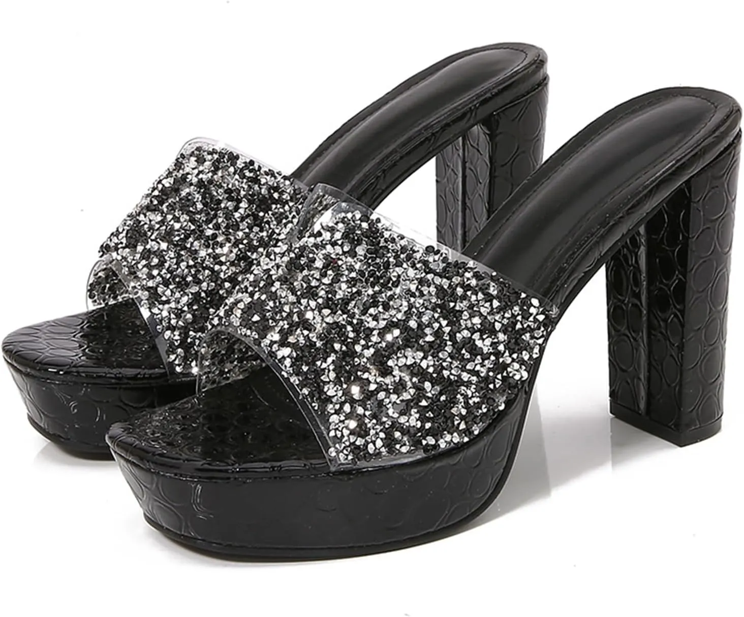 Women's Rhinestone Sexy Platform Chunky Heel Mules Fashionable Square Head Open Toe Slip On Wedding High Heel Sandals Suitable for Party Dance High Heel Sandals
