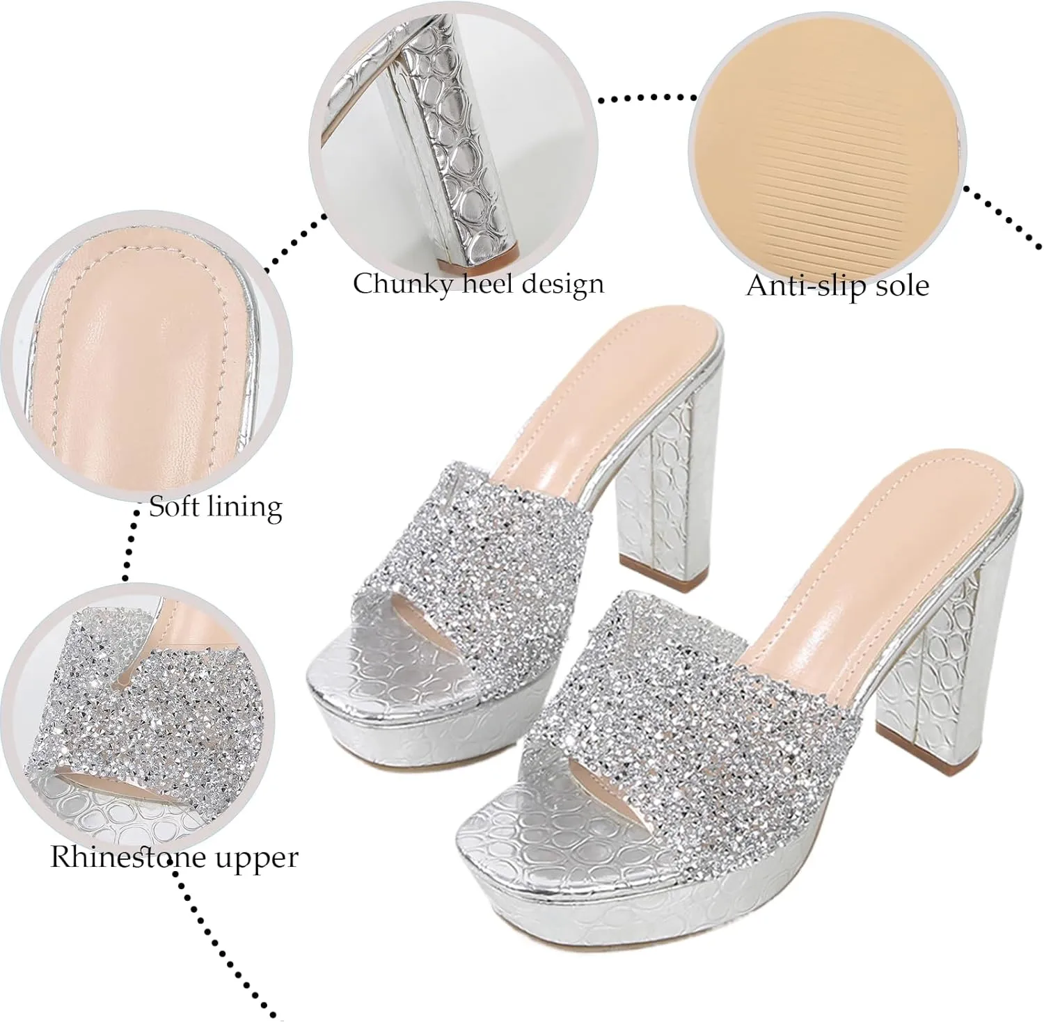 Women's Rhinestone Sexy Platform Chunky Heel Mules Fashionable Square Head Open Toe Slip On Wedding High Heel Sandals Suitable for Party Dance High Heel Sandals