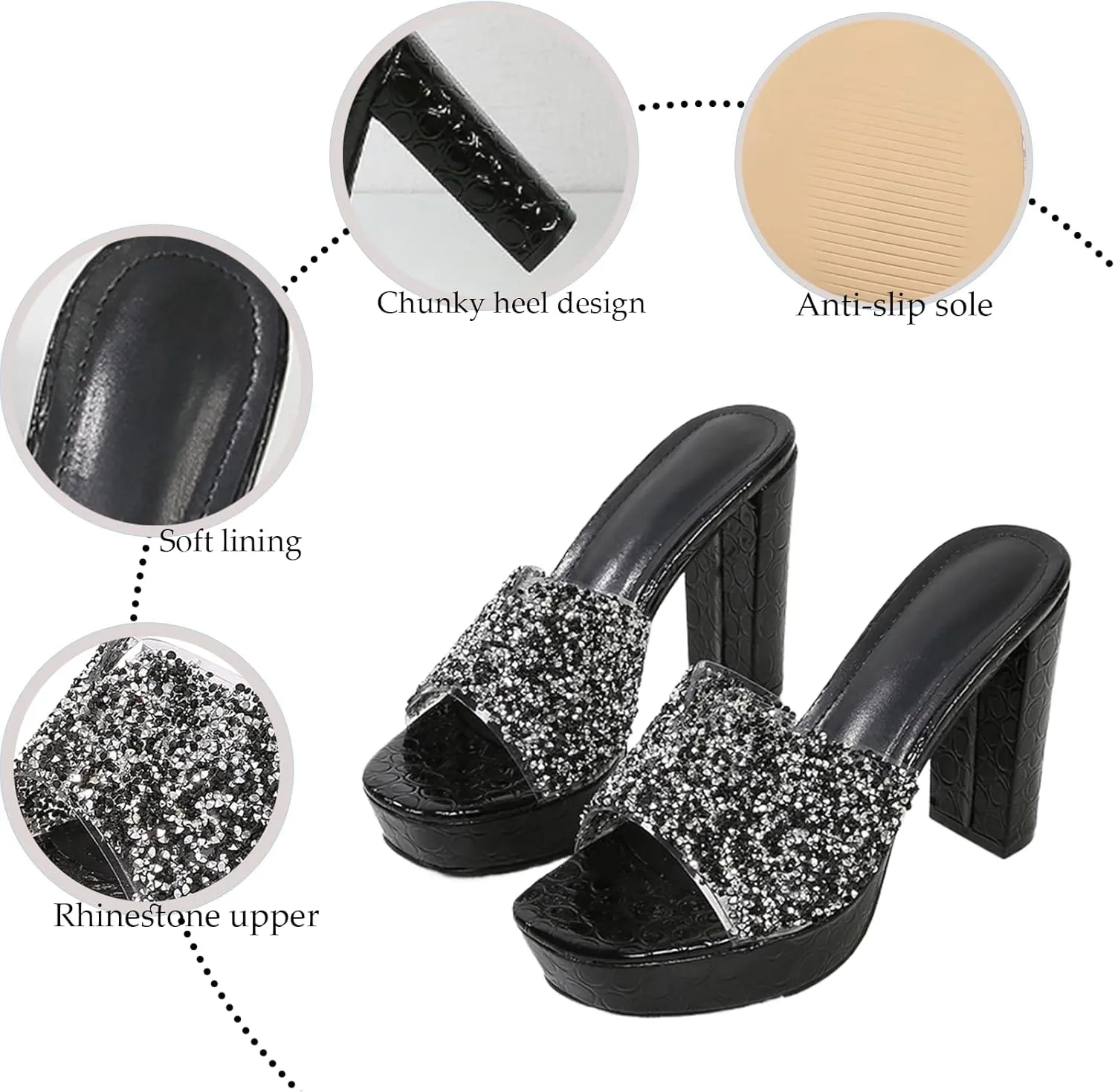 Women's Rhinestone Sexy Platform Chunky Heel Mules Fashionable Square Head Open Toe Slip On Wedding High Heel Sandals Suitable for Party Dance High Heel Sandals