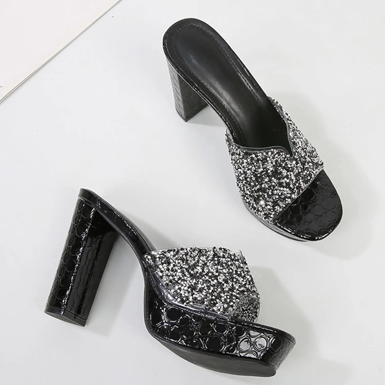Women's Rhinestone Sexy Platform Chunky Heel Mules Fashionable Square Head Open Toe Slip On Wedding High Heel Sandals Suitable for Party Dance High Heel Sandals