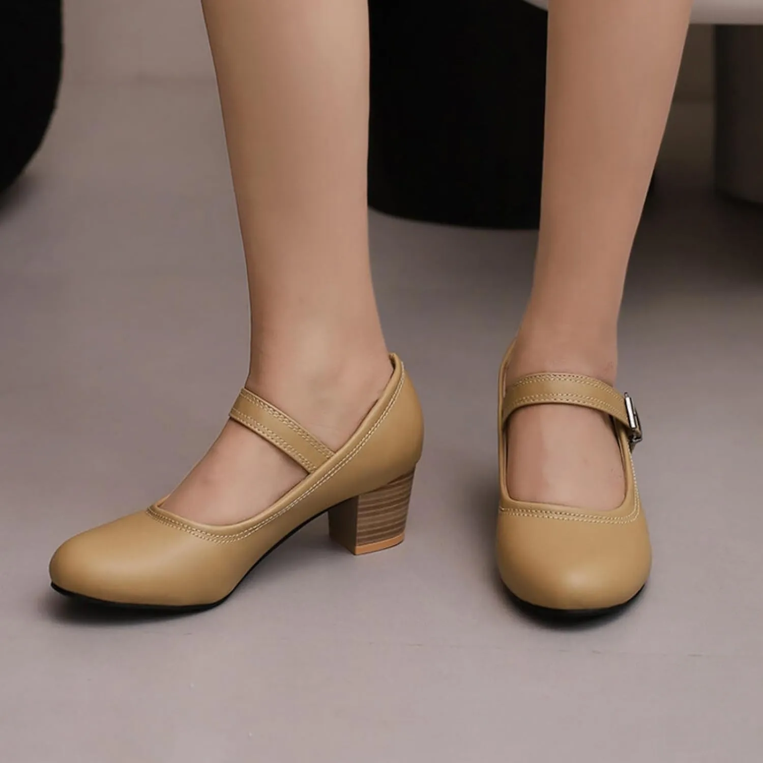 Women's Round Toe Closed Low Chunky Heel Block Ankle Strap Buckle Mary Jane Shoes Comfort Office Work Wedding Party Dress Pumps