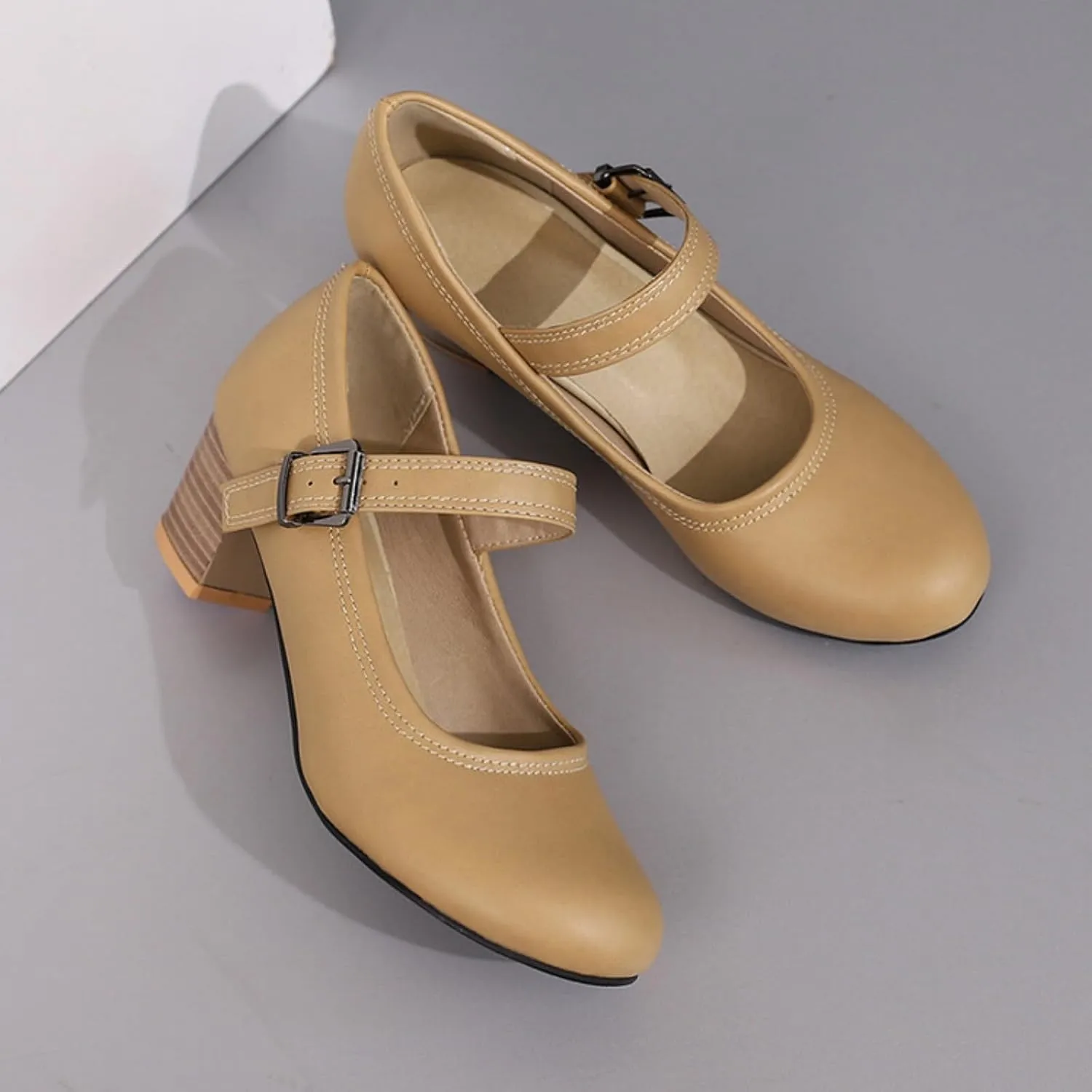 Women's Round Toe Closed Low Chunky Heel Block Ankle Strap Buckle Mary Jane Shoes Comfort Office Work Wedding Party Dress Pumps