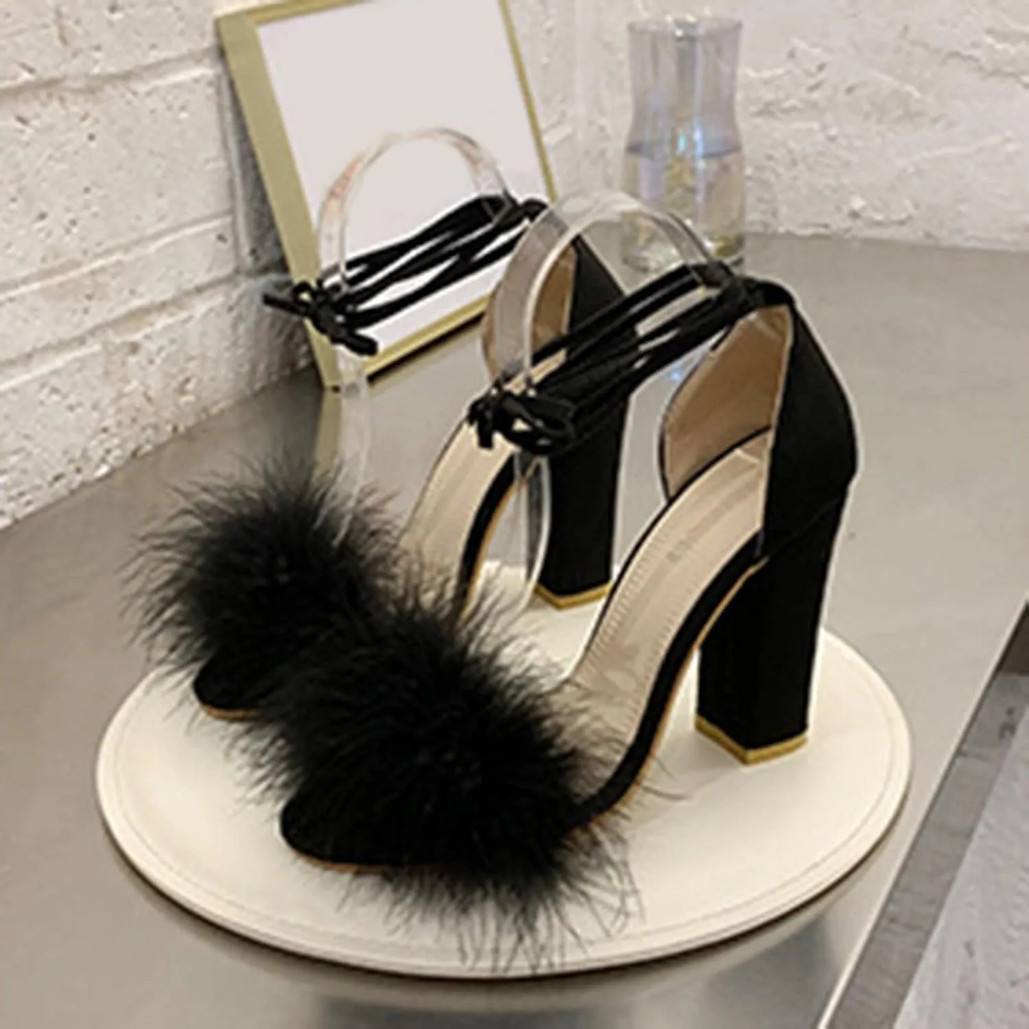 Women's Sandal Ankle Strap Fleece Ankle Strap Block Heels Sandals Open Toe High Heel Pump For Part𝐲 Evening