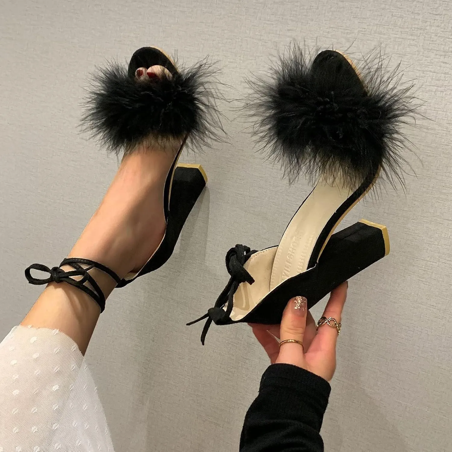 Women's Sandal Ankle Strap Fleece Ankle Strap Block Heels Sandals Open Toe High Heel Pump For Part𝐲 Evening