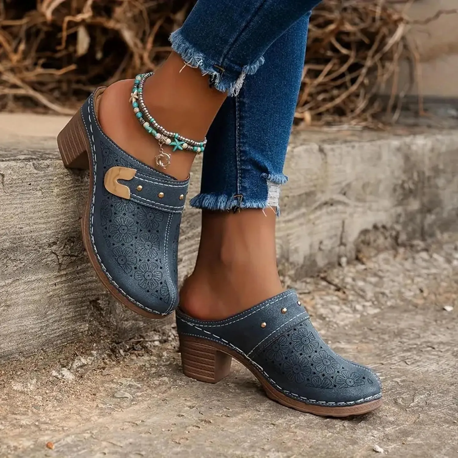 Women's Sandal Heels,Two Strap Open Toe Platform Slip-on Chunky Heels Sandals For Women Comfortable Walking Casual Dressy Summer Mules Shoes