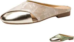 Women's Satin Bright Leather Patchwork Hollow Mules Retro Elegant Square Toe Slip On Slippers Summer Comfortable Breathable Casual Sandals