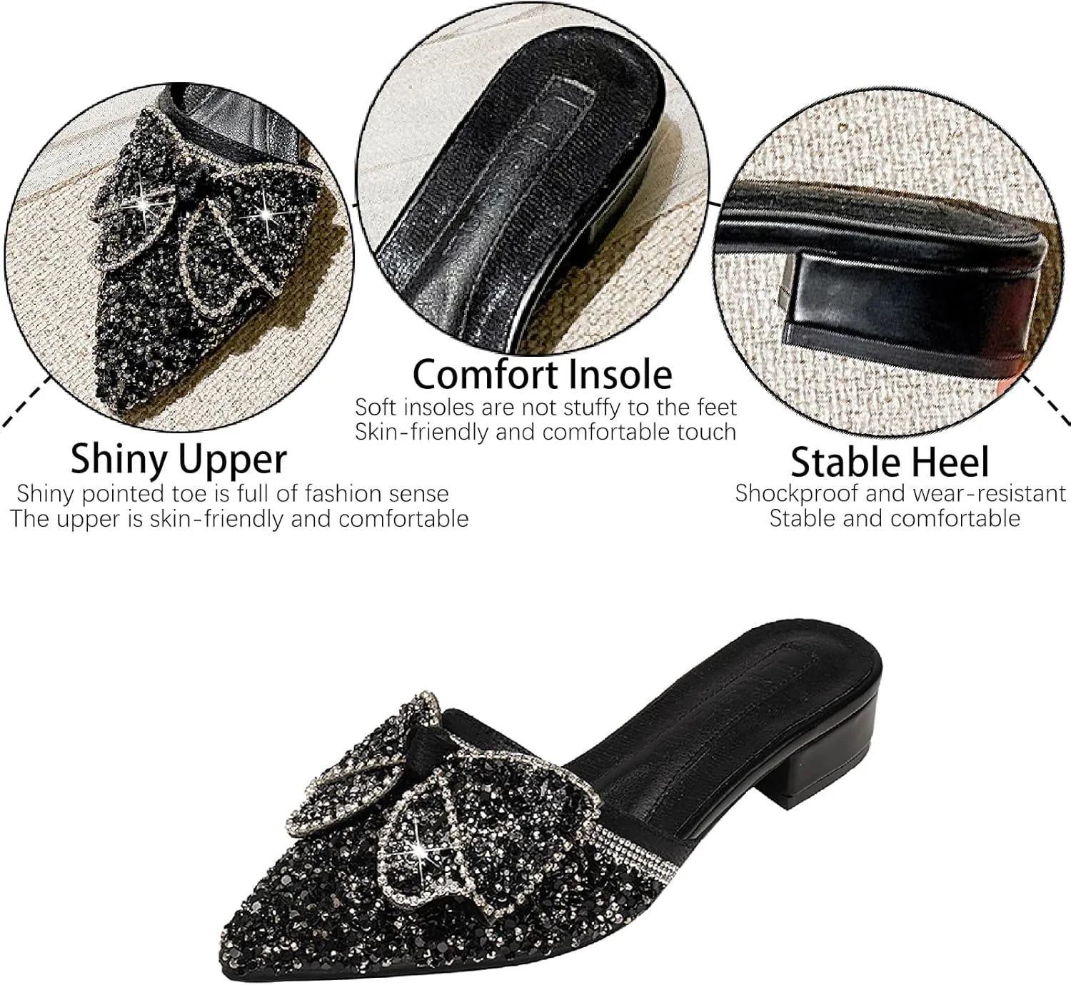 Women's Shiny Rhinestone Bow Chunky Heels Mules Fashion Comfortable Closed Pointed Toe Slip On Low Heel Slides Sandals for Party Date Wedding Dressy Clogs