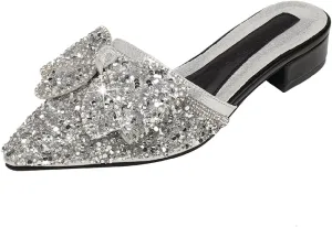 Women's Shiny Rhinestone Bow Chunky Heels Mules Fashion Comfortable Closed Pointed Toe Slip On Low Heel Slides Sandals for Party Date Wedding Dressy Clogs