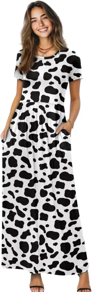 Women's Short Sleeve Loose Casual Long Maxi Dresses for Women 2025 Mushroom Pattern Summer Dress
