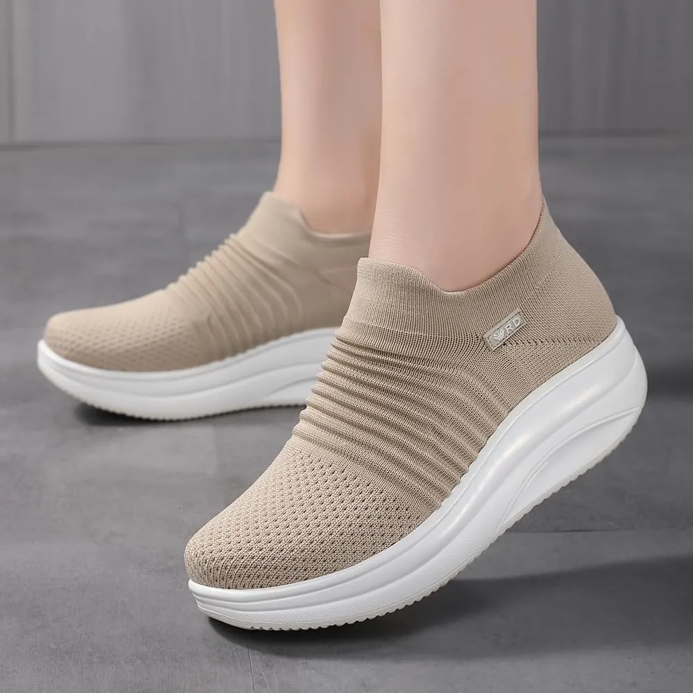 Women's Slip-on Walking Shoes Mesh Breathe Air Cushion Sock Sneakers for Women Ladys Fashion Platform Lightweight Loafers Non-Slip Nursing Work Shoe