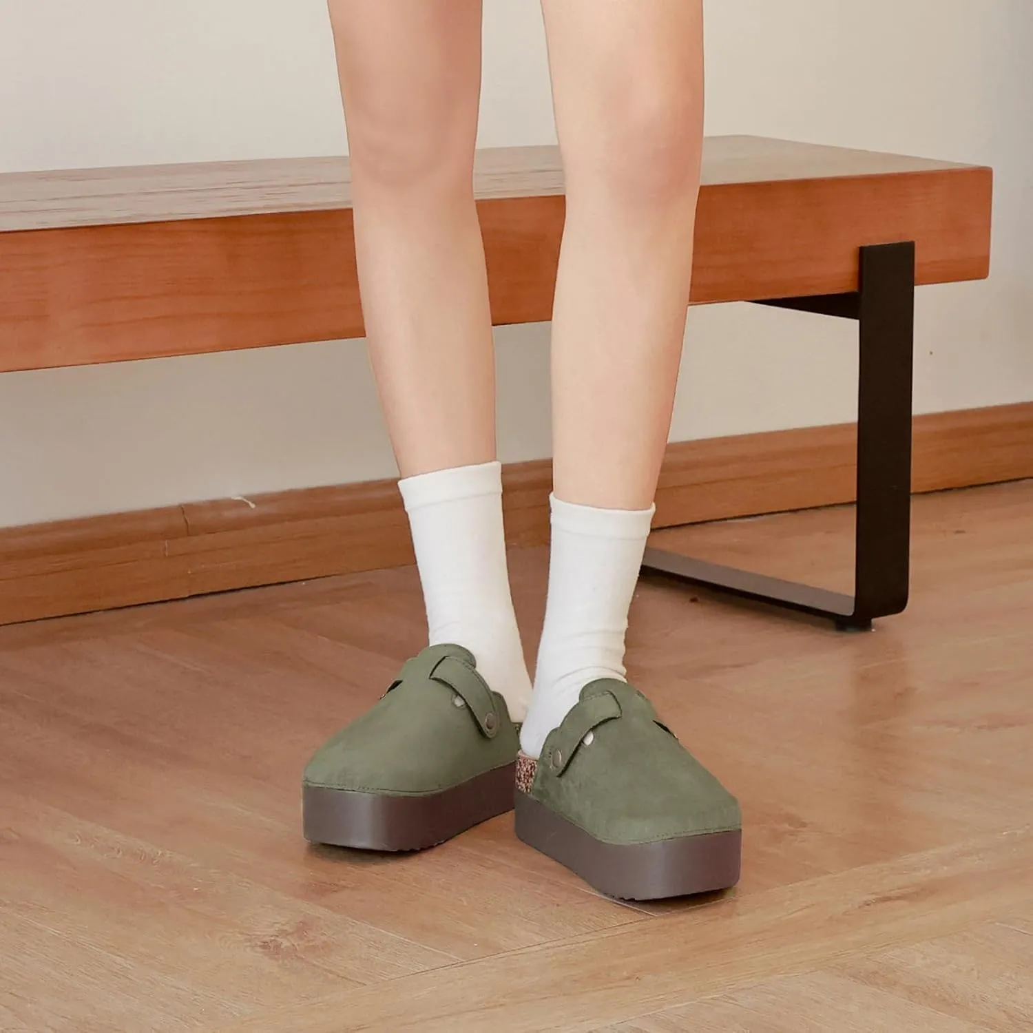 Women's Suede Clogs Leather Platform Mules Cork Footbed Sandals Comfort Potato Shoes with Arch Support Adjustable Buckle Slip On Slippers Brown