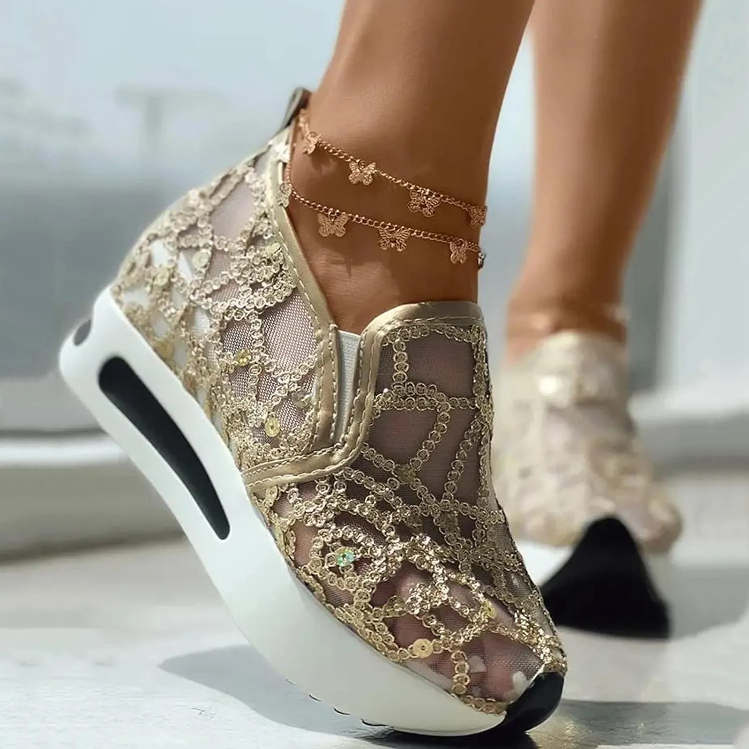 Womens Tennis Shoes Embroidery Floral Mesh Breathable Sneakers Platform Wedge Non-Slip Athletic Walking Shoes Comfort Chunky Sole Hidden High Heels Slip On Loafers
