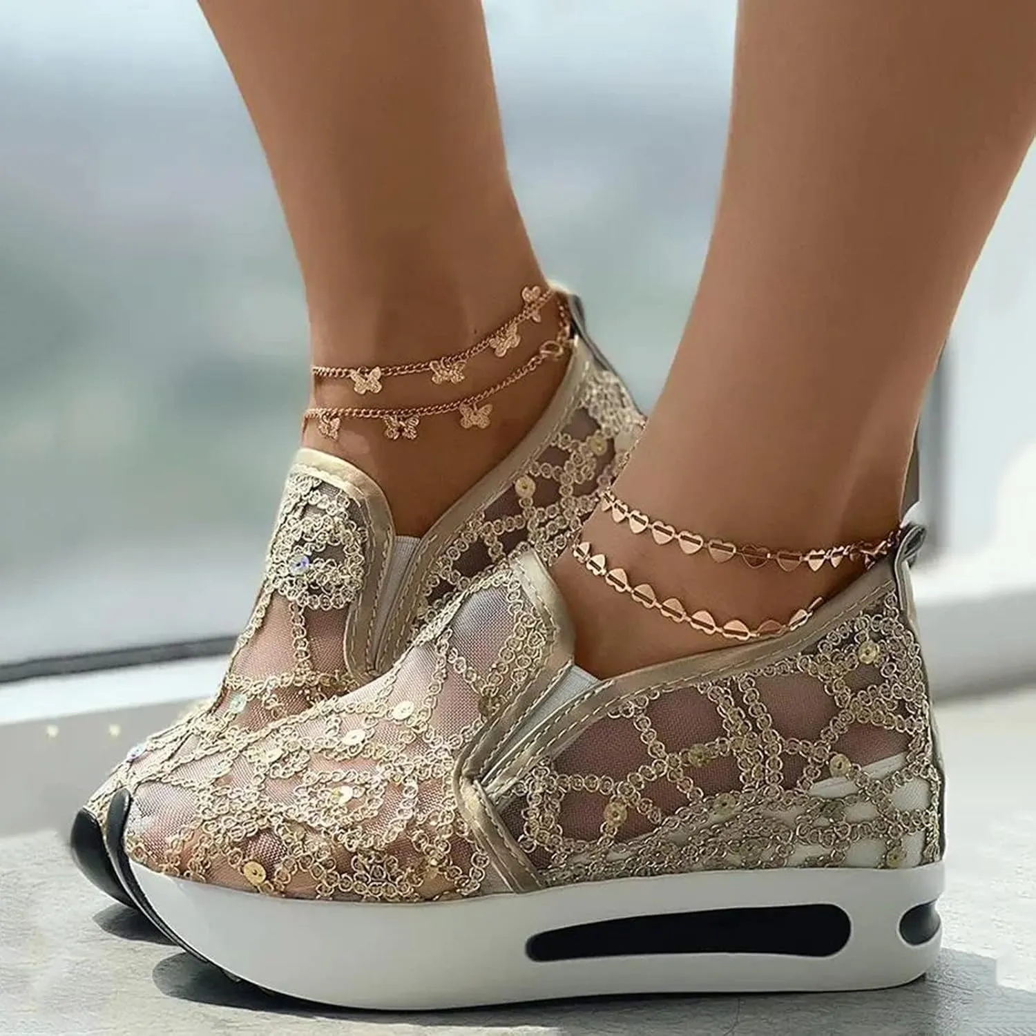 Womens Tennis Shoes Embroidery Floral Mesh Breathable Sneakers Platform Wedge Non-Slip Athletic Walking Shoes Comfort Chunky Sole Hidden High Heels Slip On Loafers