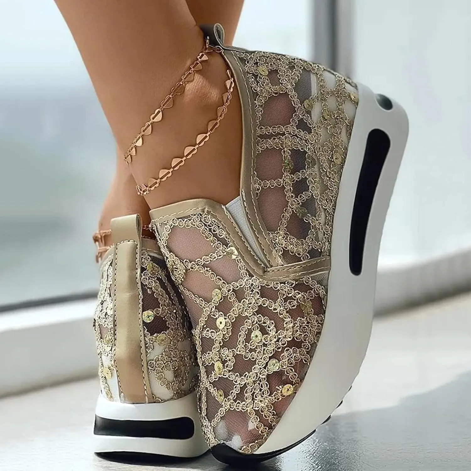 Womens Tennis Shoes Embroidery Floral Mesh Breathable Sneakers Platform Wedge Non-Slip Athletic Walking Shoes Comfort Chunky Sole Hidden High Heels Slip On Loafers