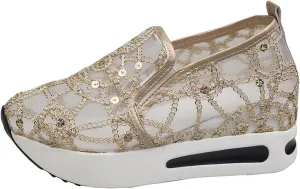 Womens Tennis Shoes Embroidery Floral Mesh Breathable Sneakers Platform Wedge Non-Slip Athletic Walking Shoes Comfort Chunky Sole Hidden High Heels Slip On Loafers