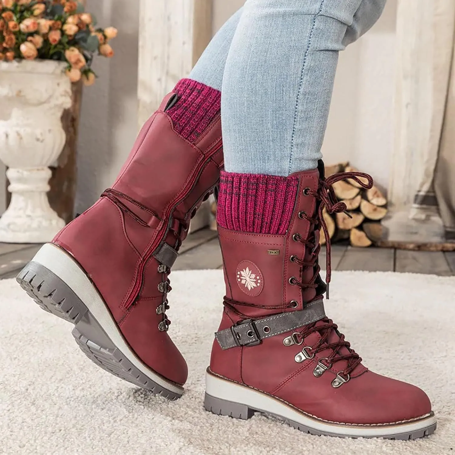 Women's Winter Warm Boots Fashion Belt Square Heel Snow Boots Lace Up Mid Tube Boots Outdoor Walking Shoe Insole Pad