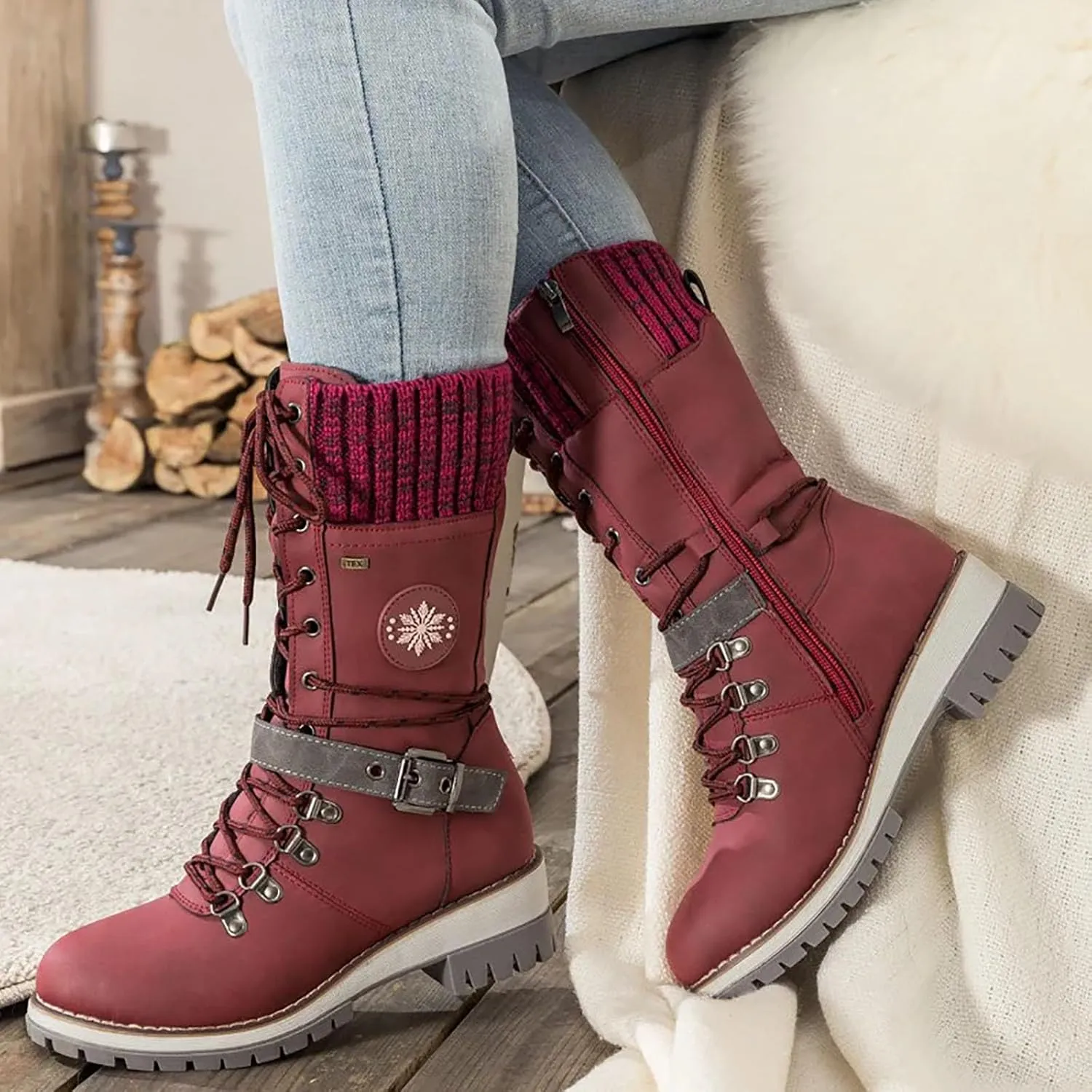 Women's Winter Warm Boots Fashion Belt Square Heel Snow Boots Lace Up Mid Tube Boots Outdoor Walking Shoe Insole Pad