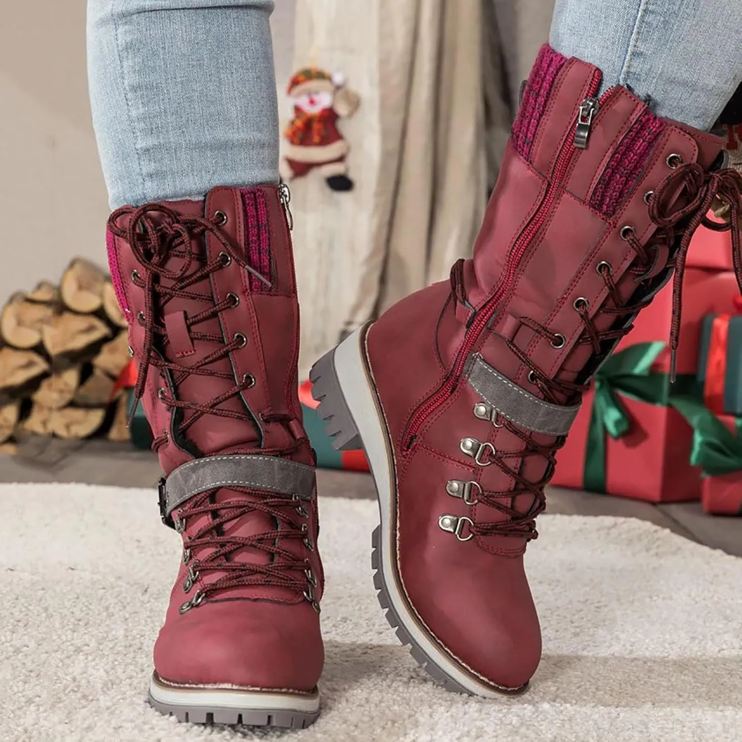 Women's Winter Warm Boots Fashion Belt Square Heel Snow Boots Lace Up Mid Tube Boots Outdoor Walking Shoe Insole Pad